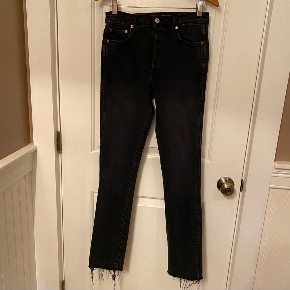 RE/DONE JEANS BLACK DENIM HIGH RISE BUTTON FLY FRAY HEM USA SIZE 27